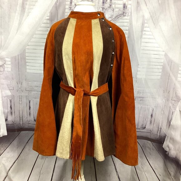 Vintage Jackets & Blazers - Vintage 60s Suede Two Tone Leather Cape Poncho with Belt